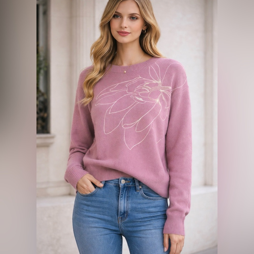 New with Tags Joie 100% Cashmere Light Purple Beaded Floral Sweater Size Large